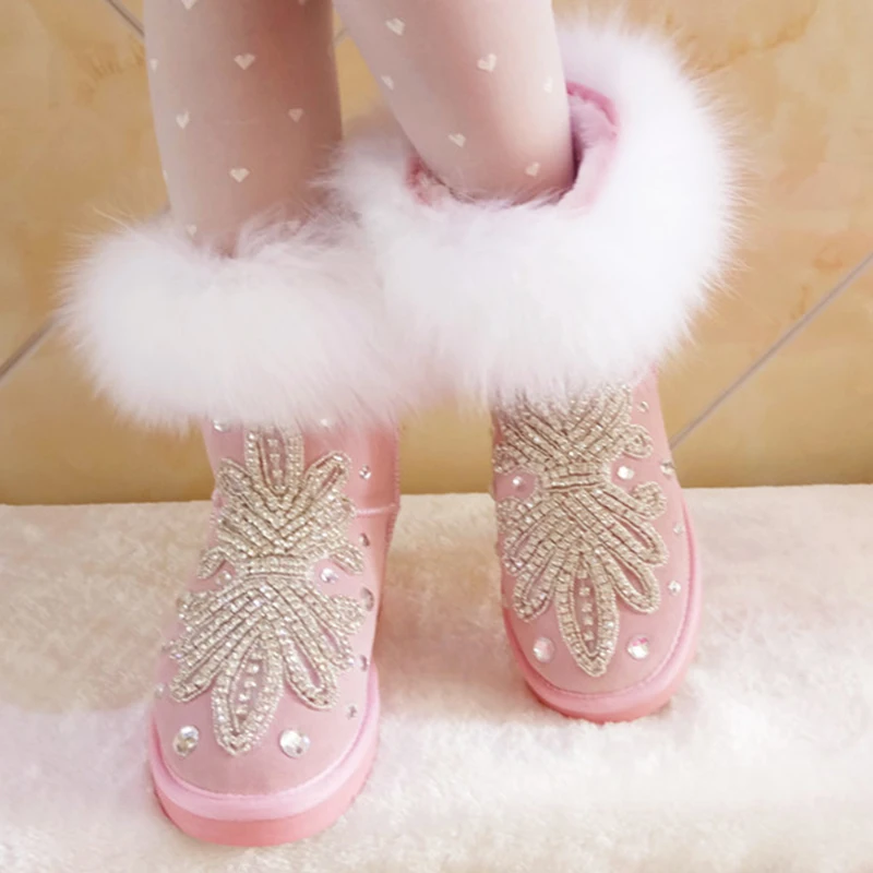 

pink Crystal rabbit hair Rhineston Snow Boots Woman Winter Luxury women's bling bling Snow Boots warm fashion Winter Shoes