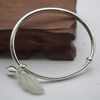 

New Pure S925 Sterling Silver Bangle Cuff Women Leaf Jade Bracelet 15-16g