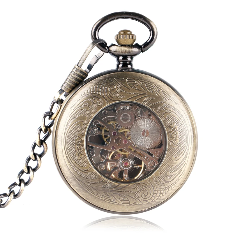 Классический Щит Механические карманные часы Бронзовый кулон Цепочки и ожерелья Циферблат Скелет карманные часы подарок для Для мужчин в