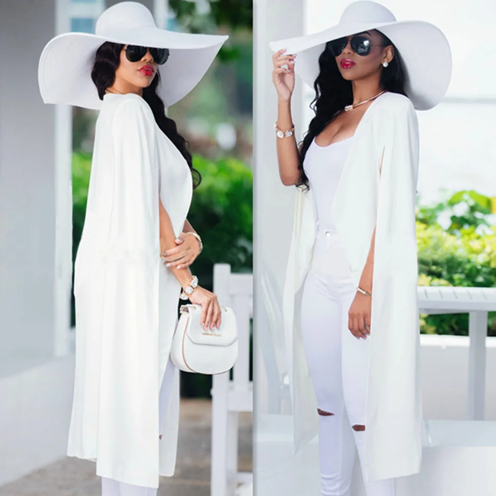 Women Elegant Blazer 2018 Hot Selling Contrast Binding Open Front Cape Long Sleeve Blazer White Black Longline Plain Outer Women Elegant Blazer 2018 Hot Selling Contrast Binding Open Front Cape Long Sleeve Blazer White Black Longline Plain Outer