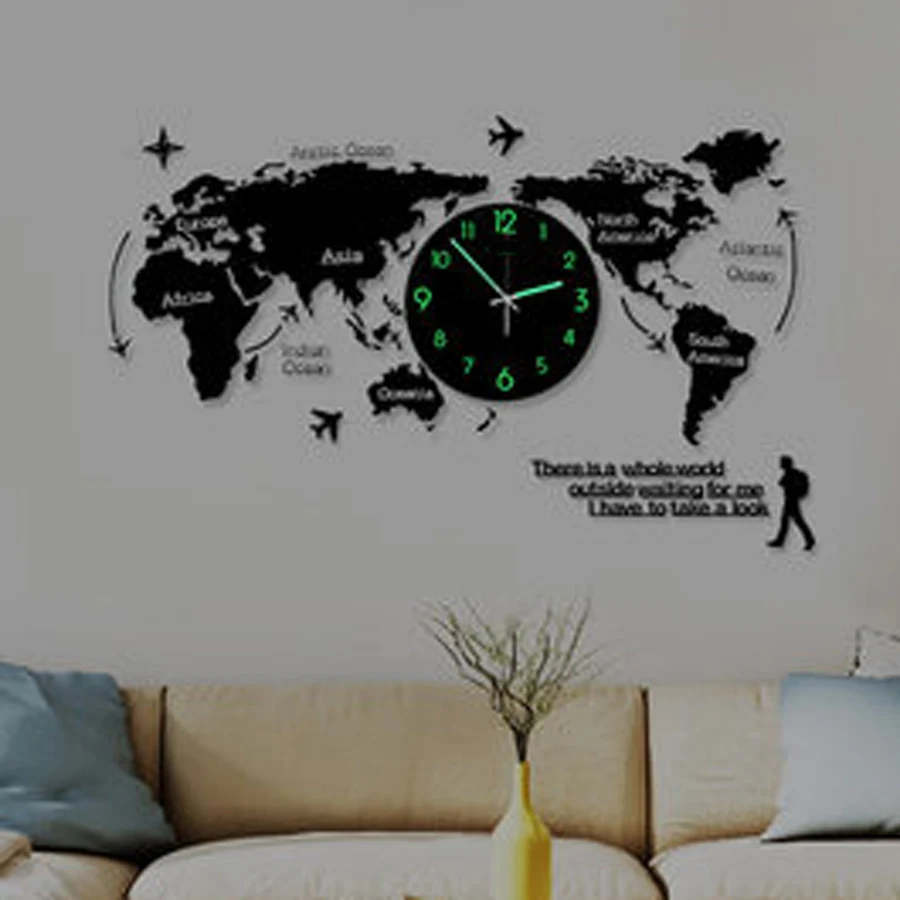 3D наклейки карта мира большие настенные часы современный дизайн часы светящиеся в темноте уникальные бесшумные часы настенные часы домашний декор
