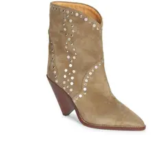 Зимние ботильоны для Для женщин светильник Светло-коричневые из бычьей кожи; из замши; с заклепками в байкерском стиле в стиле панк; туфли на высоком каблуке-шпильке, роскошные ковбойские ботинки; обувь