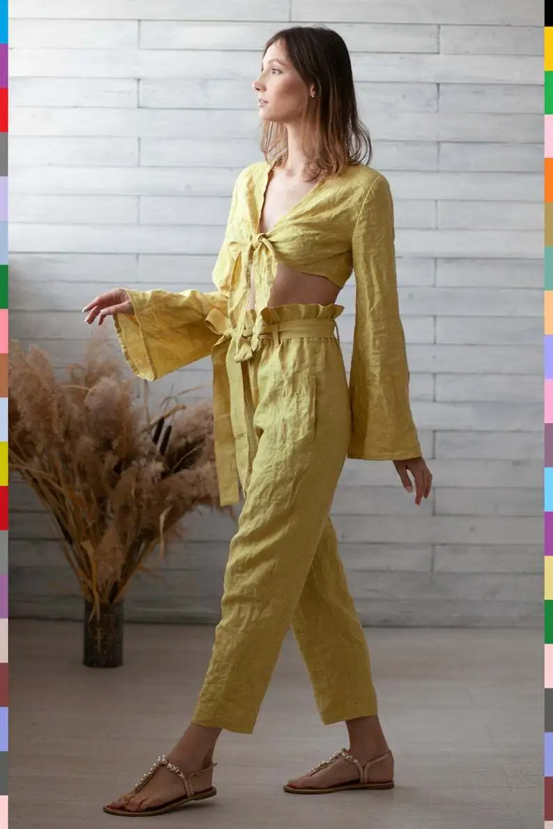 

Kaguster Two Piece Set Women Summer New Creative Style Fashion Casual Cotton and Linen Suit V-Neck Loose Comfort Women Clothes