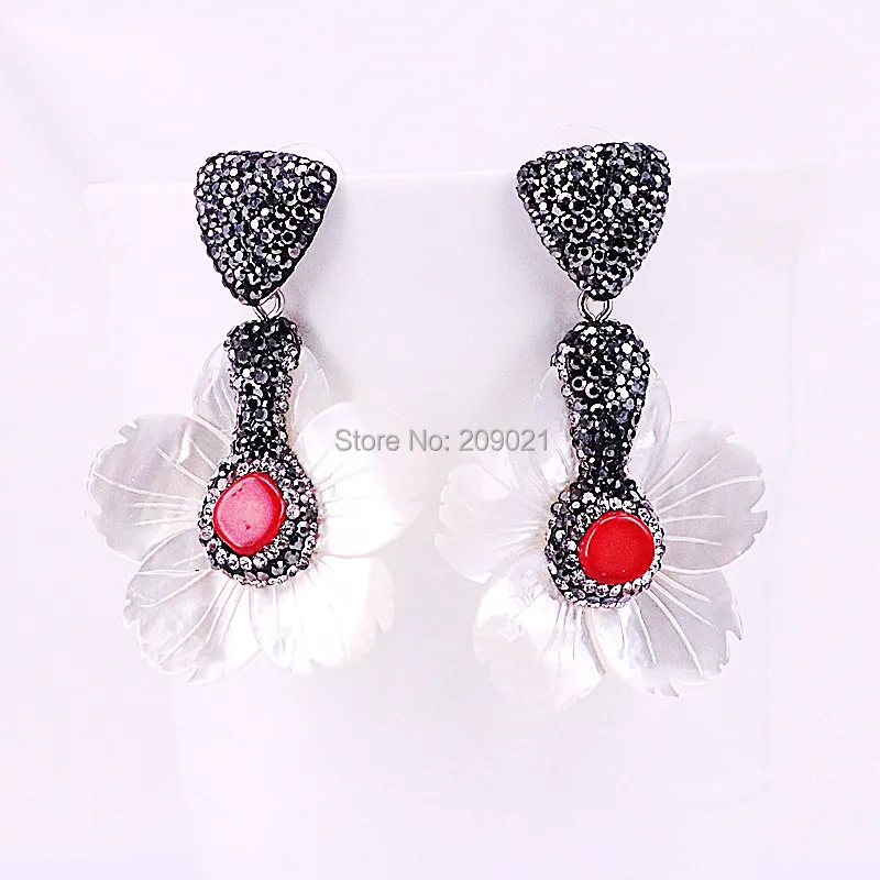 

3Pairs Nature Shell Flower Dangle Earrings with Red Coral and Crystal Zircon Paved Fashion Women Earrings