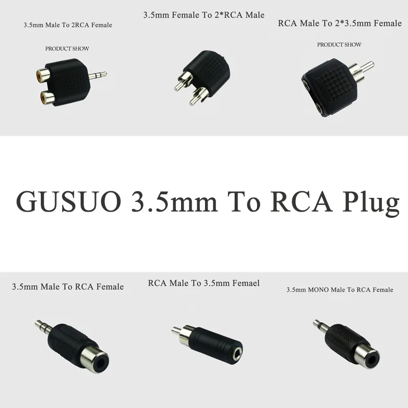 

GUSUO High Quality 3.5mm Stereo/Mono Male Female To RCA 2RCA Plug Splitter Adapter Male Jack Audio Plug Y Splitter