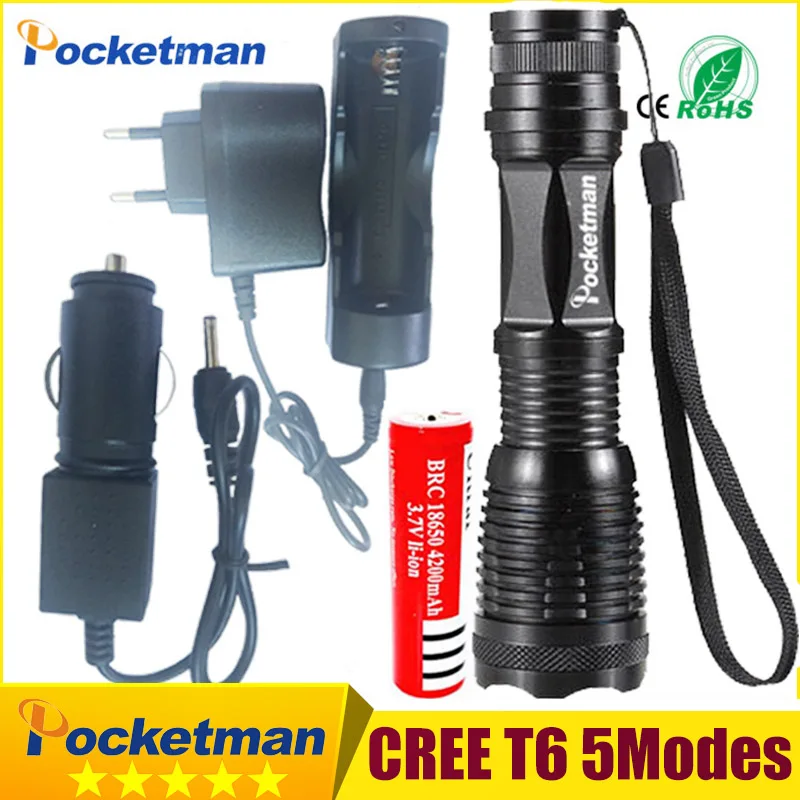 

LED flashlight Focus lamp LED torch Light e17 XM-L T6 4000 Lumens Zoomable lights + AC/Car Charger + 18650 battery zk50
