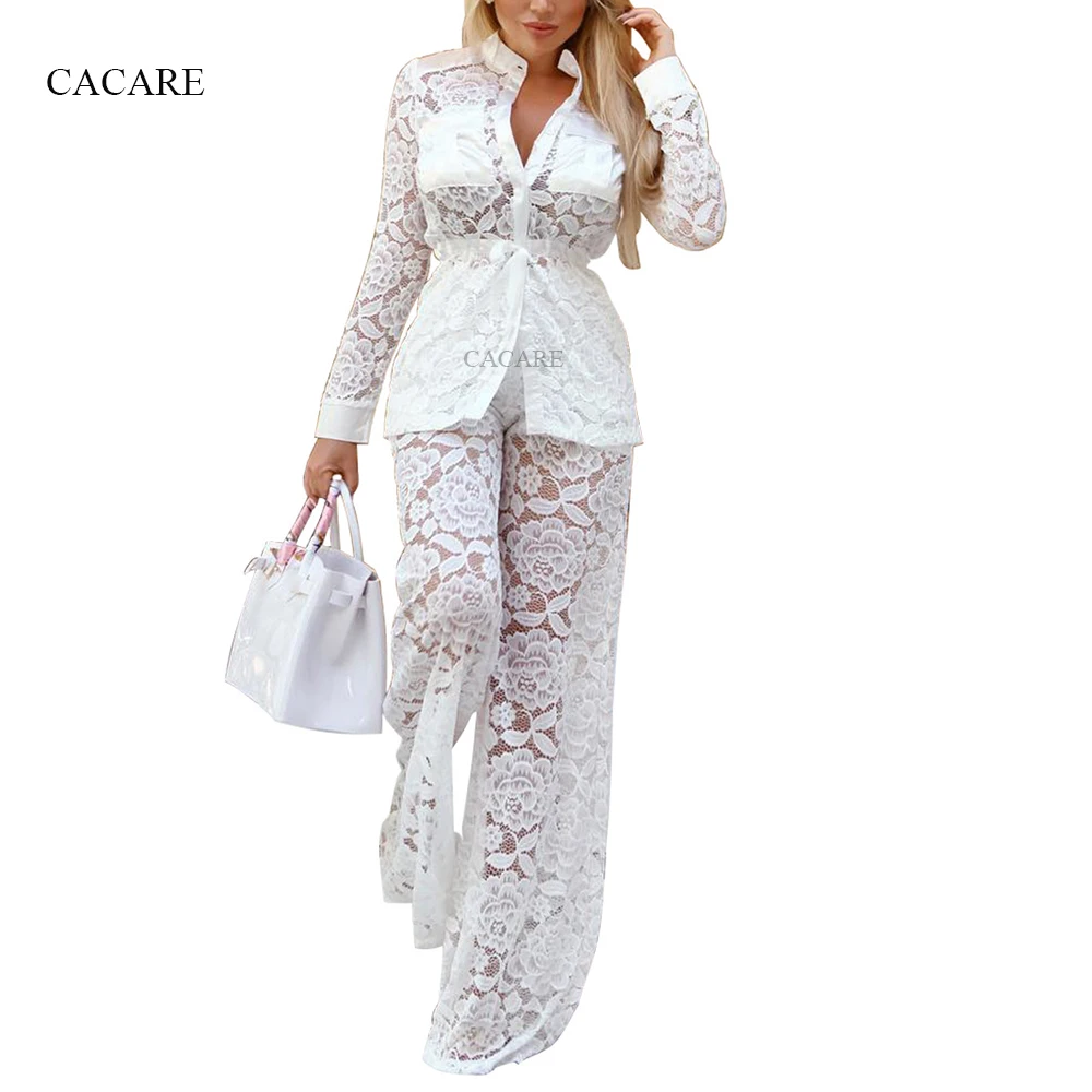 

Lace Sexy Two Piece Set Women Suit Together Set Woman 2 Pieces Pants F0704 White with Waist Belt