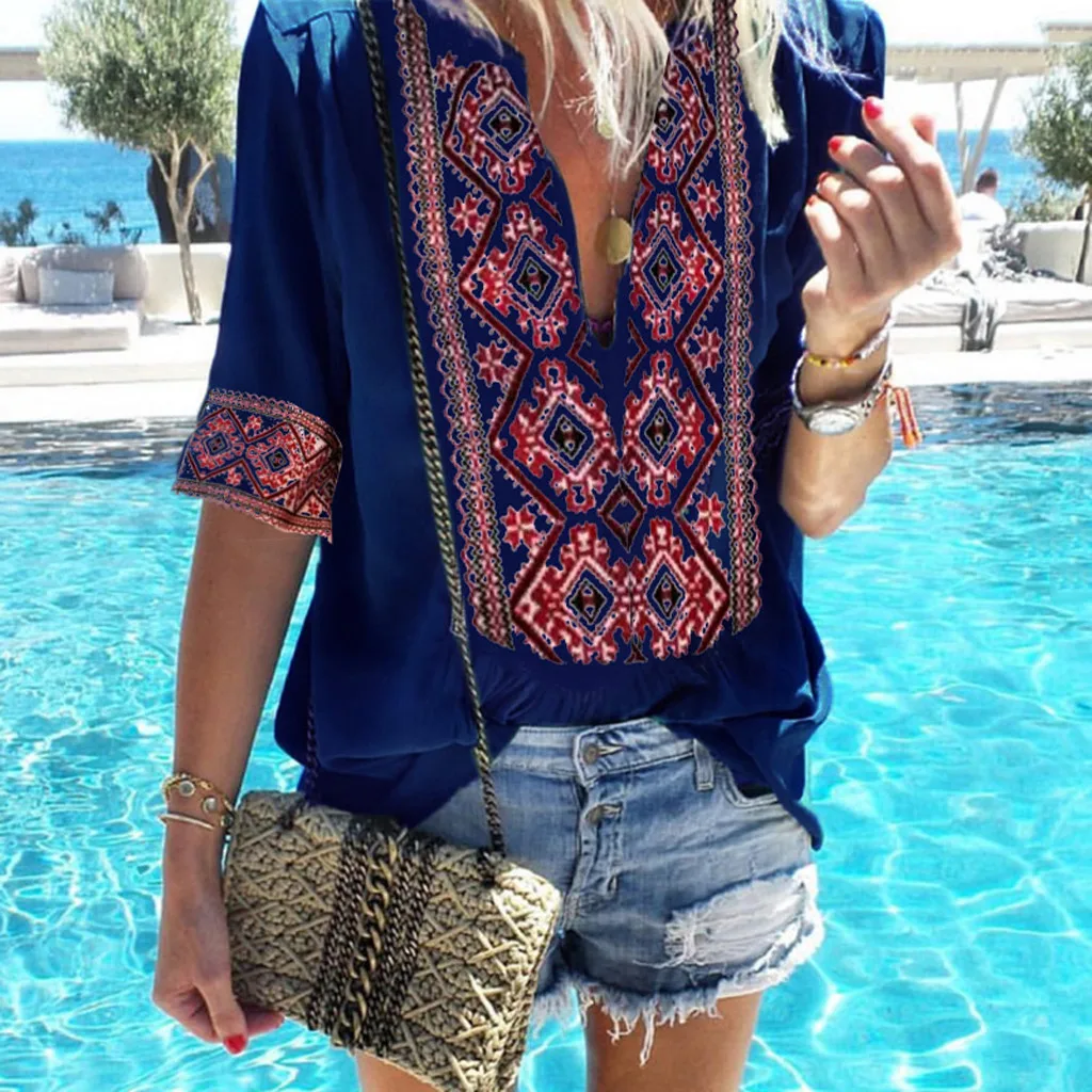 

V Neck Print Blouse Women Vintage Womens Tops And Blouses Streetwear Ladies Tops Tunic Clothes Korean Fashion Clothing