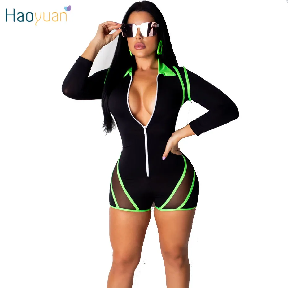 

HAOYUAN Neon Striped Sexy Mesh Shorts Jumpsuit Women Streetwear Long Sleeve Elegant Rompers Summer Overalls Plus Size Playsuit