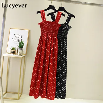 

Lucyever Chiffon Summer Women Dress Fashion High Elastic Waist Dot Print Sexy Spaghetti Strap Mid-Calf Elegant Party Vestidos