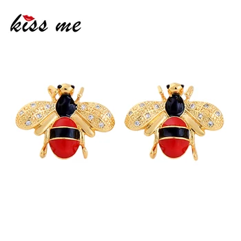 

KISS ME Enamel Bee Small Stud Earrings Fashion Jewelry Korean Trendy Gold Color Copper Earrings for Women Christmas Jewelry