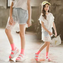 Детская летняя одежда; кружевные джинсовые шорты для девочек; детская одежда г