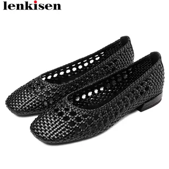 

Lenkisen vintage handmade weaving low heels slip on breathable classic square toe women pumps British school party shoes L90