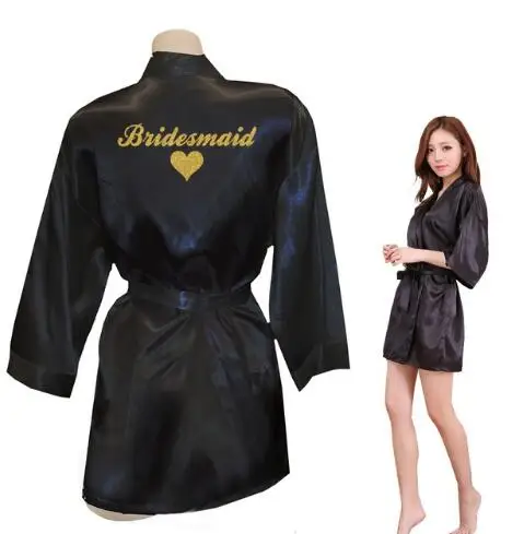 Bridesmaid Robes Bridesmaid Heart Golden Glitter Print Faux Silk Kimono Robes Wedding Gift Bride Team Bachelorette Lov