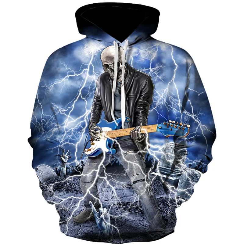 Skull Guitar Hoodies Rock Men Long Sleevs Funny Graphic Men Sweatshirt