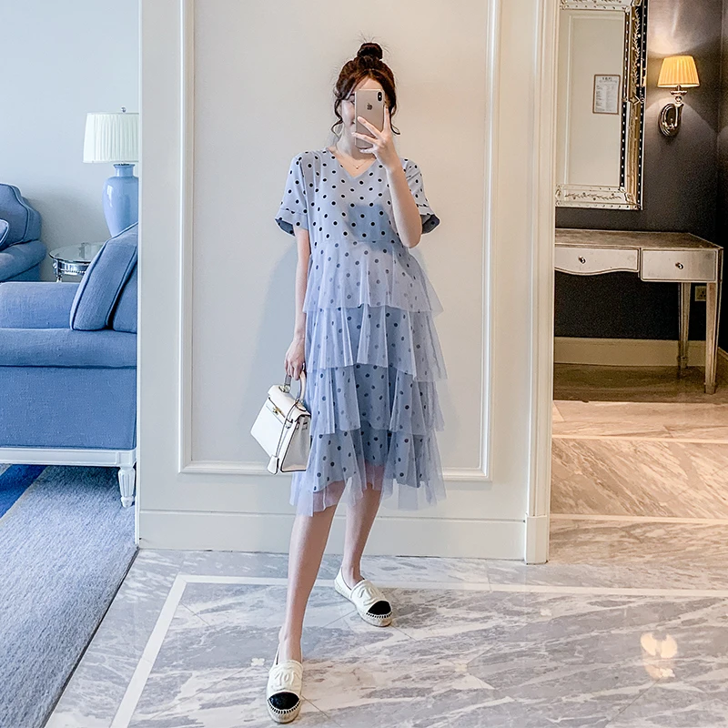 

Maternity dress summer new 2019 Korean version of the fashion short-sleeved dot mesh stitching dress