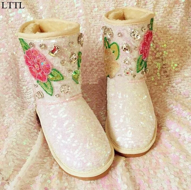 Warm Winter/Spring Fur Boots Casual Women Appliques Sequined Ankle Snow Boots Round Toe Flat with Women Shoe Size9 11 Drop Ship