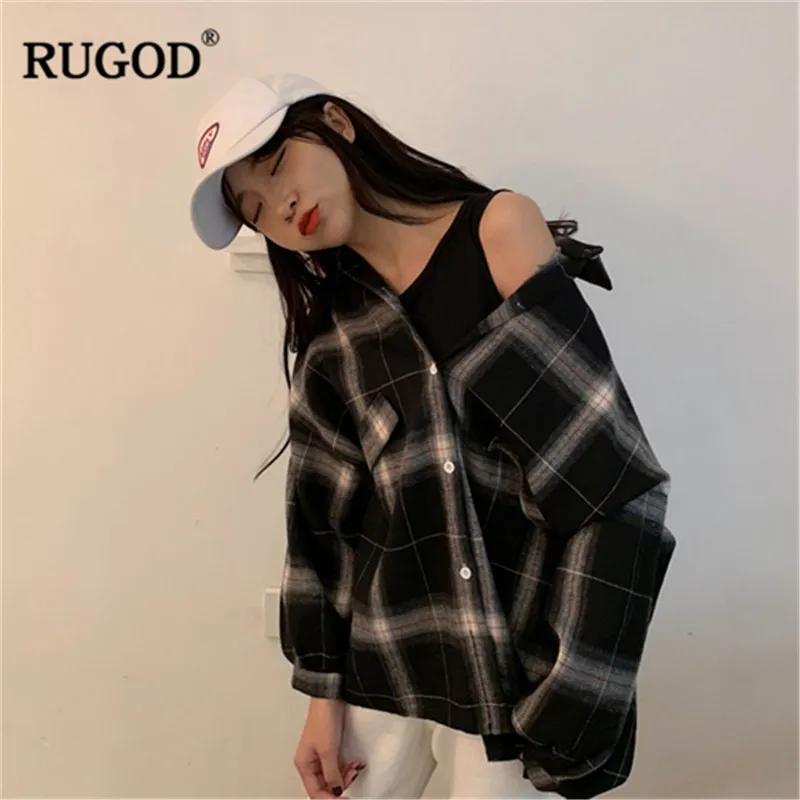 Женские офисные рубашки RUGOD корейские повседневные в клетку с отложным