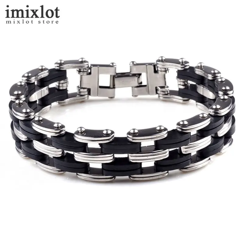 

Punk Style Stainless Steel & Silicone Mens Bracelet Link Chain Biker Bicycle Bracelets Pulseira Masculina Men Jewelry
