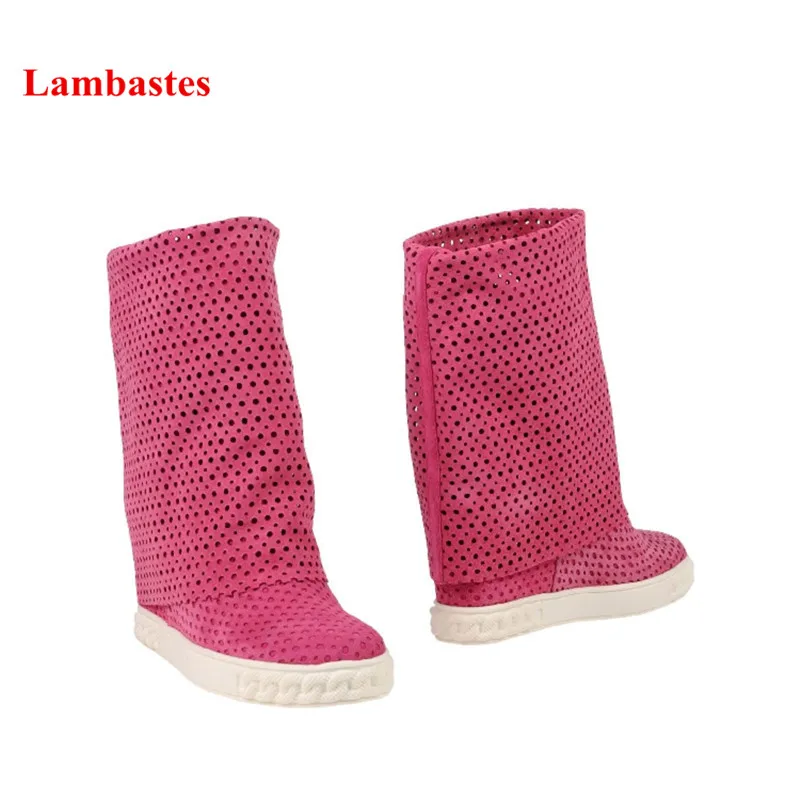 

Red Turned-over Ankle High Women Boots Winter Cuts Out Designer Slip On Platform Stivali Femminili Suede Hidden Heel Shoes Mujer