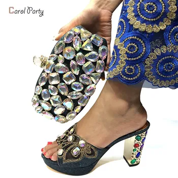 

2019 New Arrival Dark blue Color Italian Shoes with Matching Bags High Heels Sandals for Wedding Party
