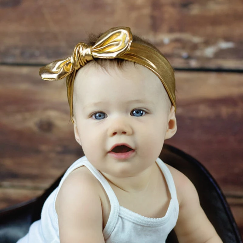 

Bebe Girls Bronzing Bow Headband Elastic Cloth Knot Hairband Rabbit Ears Kids Top Bow For hair Gold Silver Shinning Headbands