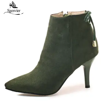 

Sgesvier Women Elegant Ankle Boots Shoes Zip Fashion Women High Heels Shoes Ladies Thin Heels Pointed Toe Bowtie Boots OX597