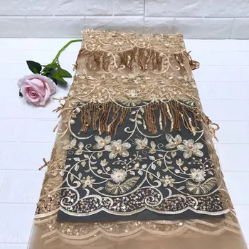 

2019 high quality Gold Line French Nigerian sequins net lace,African tulle mesh sequence lace fabric for party dress 5yard/lot