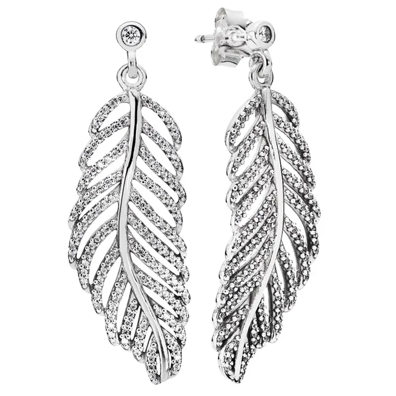 

Authentic 925 Sterling Silver Earring Statement Feathers With Crystal Hanging Earrings For Women Wedding Gift Pandora Jewelry