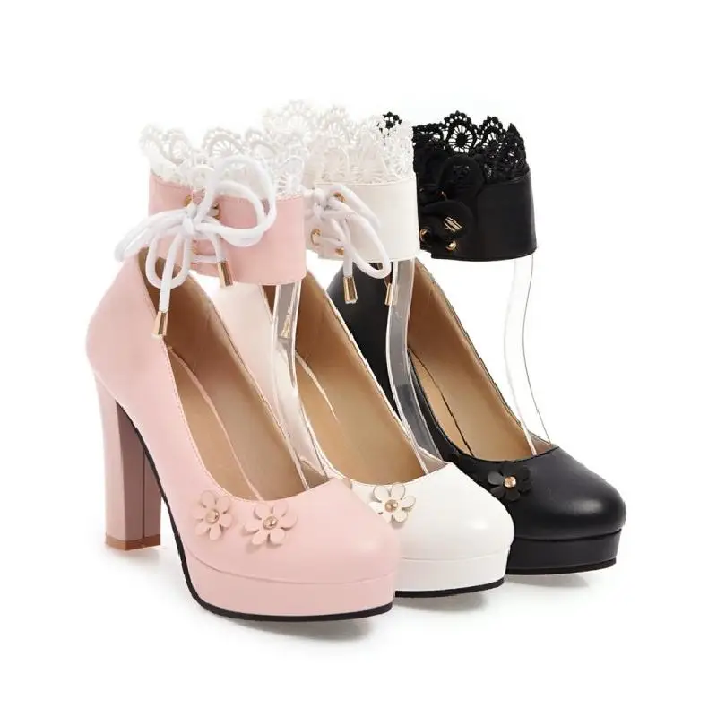 Kawaii/нарядная обувь для девочек; сезон весна-осень; Милая обувь на высоком толстом каблуке средней высоты с кружевом в стиле Лолиты; большие размеры 32-43