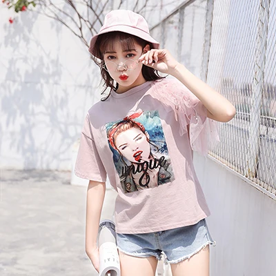 Летняя женская футболка, новинка, плюс размер, кружевной короткий рукав-бабочка, принт, хлопок, смешной бисер, женская футболка - Цвет: pink