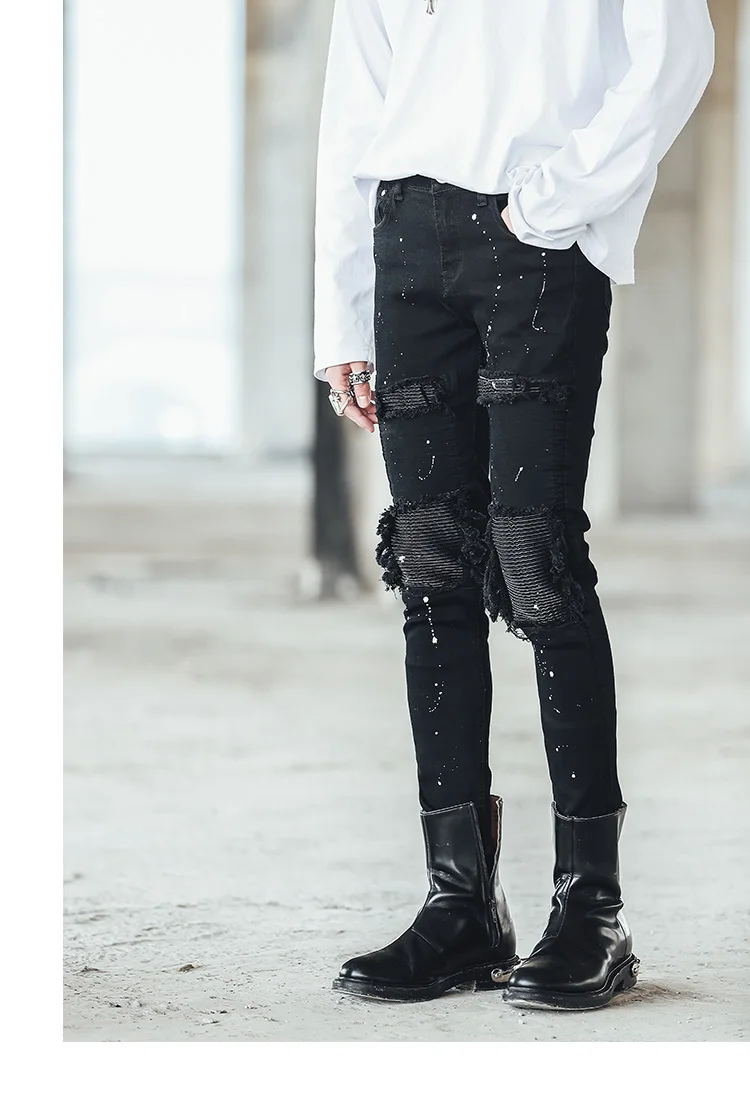 Мужские рваные джинсы тонкие картины Сращивание повседневные Хип-хоп панк стиль джинсы брюки