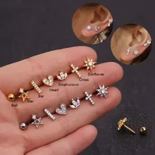 Feelgood Cz звезда сердце крест цветок Корона бар хряща пирсинг шпилька спираль ювелирные изделия Tragus раковины Грач мочка уха Винт Назад серьги