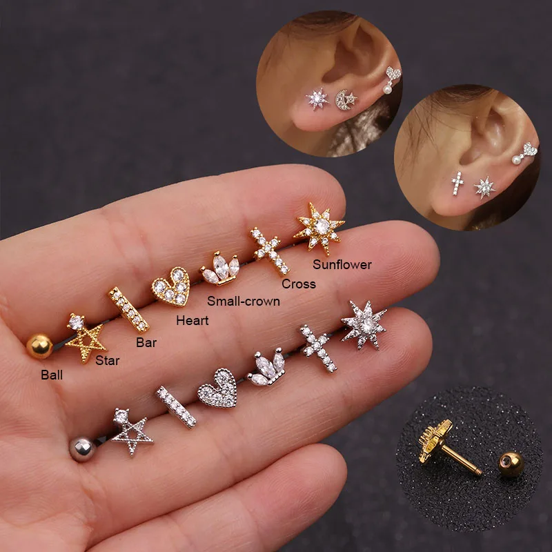 

Feelgood Cz Star Heart Cross Flower Crown Bar Cartilage Piercing Stud Helix Jewelry Tragus Conch Rook Earlobe Screw Back Earring