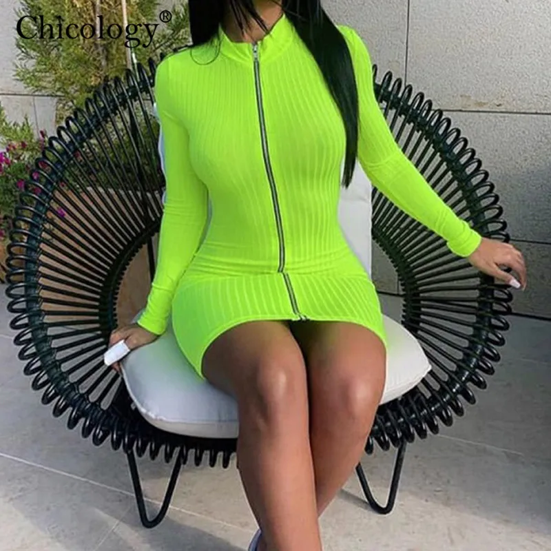 Chicology неоновая молния bodycon мини-платье 2019 летние женские длинные рукава пикантные