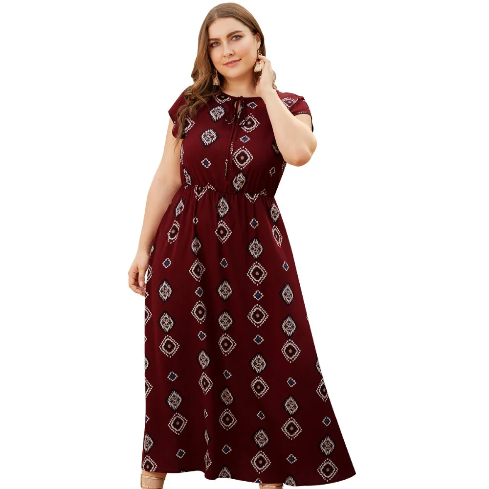

WHZHM Red Plus Size 3XL 4XL Chiffon Dress Women Long Tunic Dress Lace Up Bow Vadim O-Neck Casual Maxi Printed Dresses Female