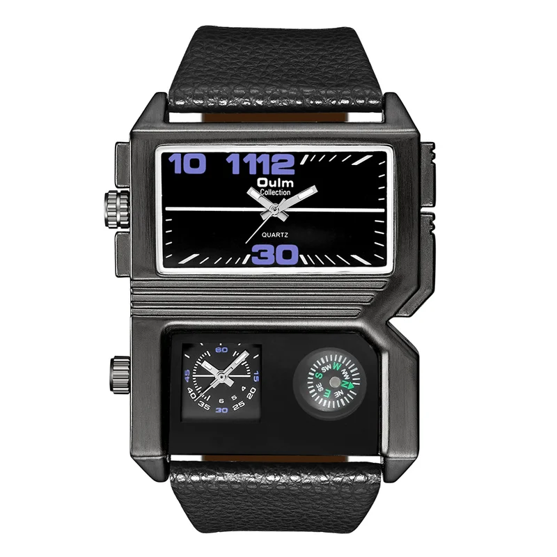 

Oulm 2 Time Zone Double Dials Big Size Watches Men Luxury Brand Male Quartz Watch Decorative Compass Unique Men's Wristwatch
