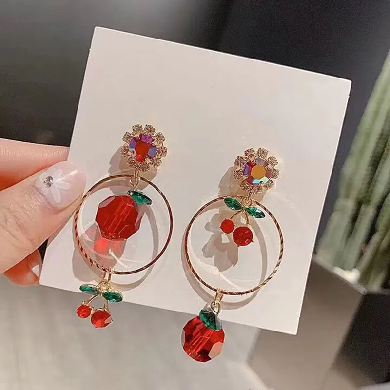 

New Classic Crystal Pendant Earrings Fashionable Cherry Earrings For Ladies Sweet Temperament Metal Round Long Pendant Earrings