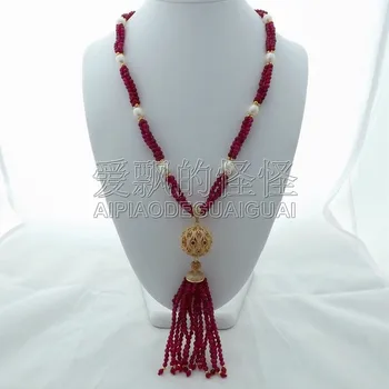 

N121002 35" Fuchsia Onyx White Pearl Necklace CZ Pendant
