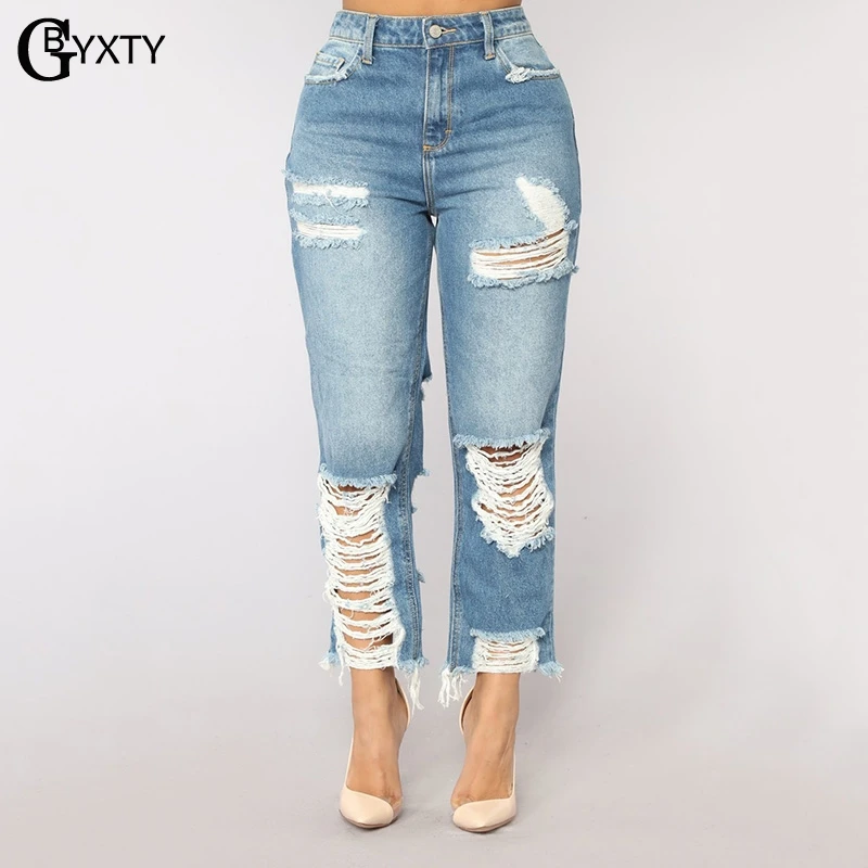 

GBYXTY Spring Summer Ankel-length Pants Ripped Holes Streetwear Blue Jeans 2019 Women High Waist Casual Straight Jeans ZL140