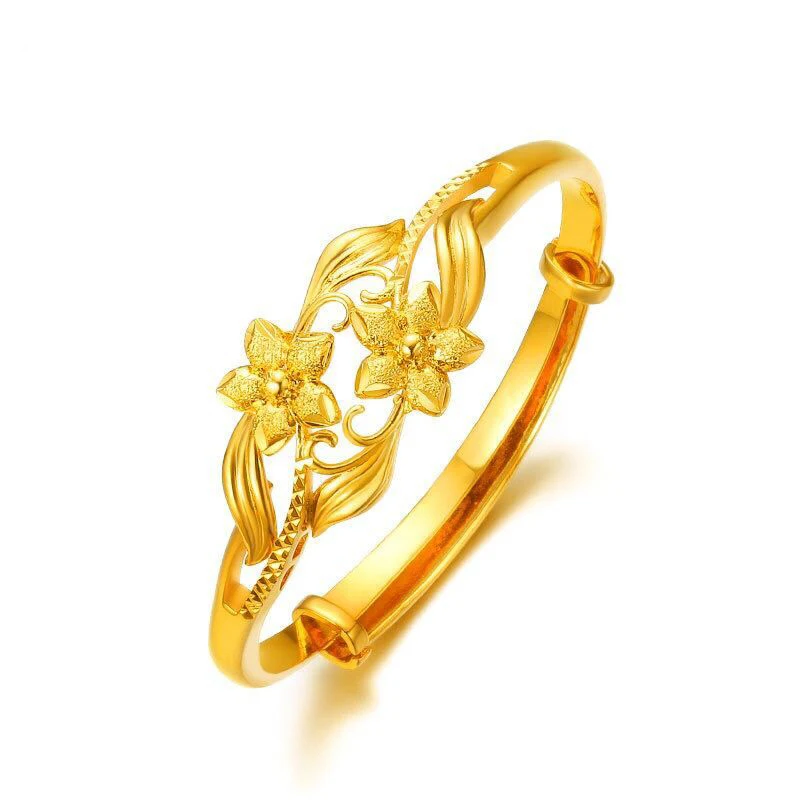 

MxGxFam Blossoming Flower Bangles for Bridal Women Adjusted Wedding Jewelry Pure Gold Color Traditioal Style