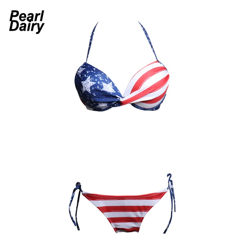 

Sexy Women Stars Stripes USA Flag Bikini Set Bandage Padded Bra Swimsuit Swimwear Women Triangle Beachwear maillot de bain
