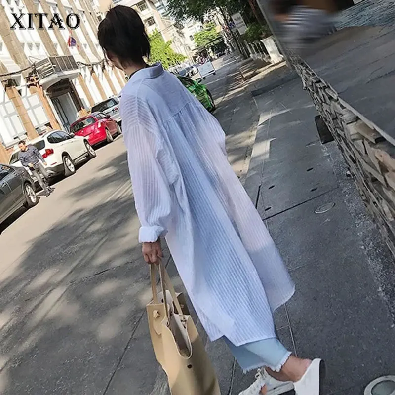 

[XITAO] Korea Fashion Female Full Sleeve Striped Turn-down Collar Blouse 2019 Spring Summer New Single Breasted Shirt ZLL3076