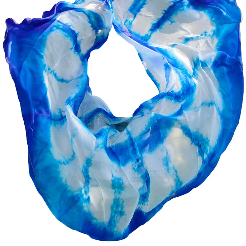 Натуральный шелк танец живота танец с вуалью шаль шарф синий + белый галстук-краситель живота для практики в танцах и выступлений шелковая
