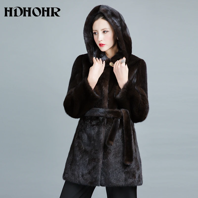 HDHOHR,, натуральный мех норки, пальто для женщин, новая мода, зима, толстая, теплая, с капюшоном, женская верхняя одежда, натуральный мех, куртки для девочек