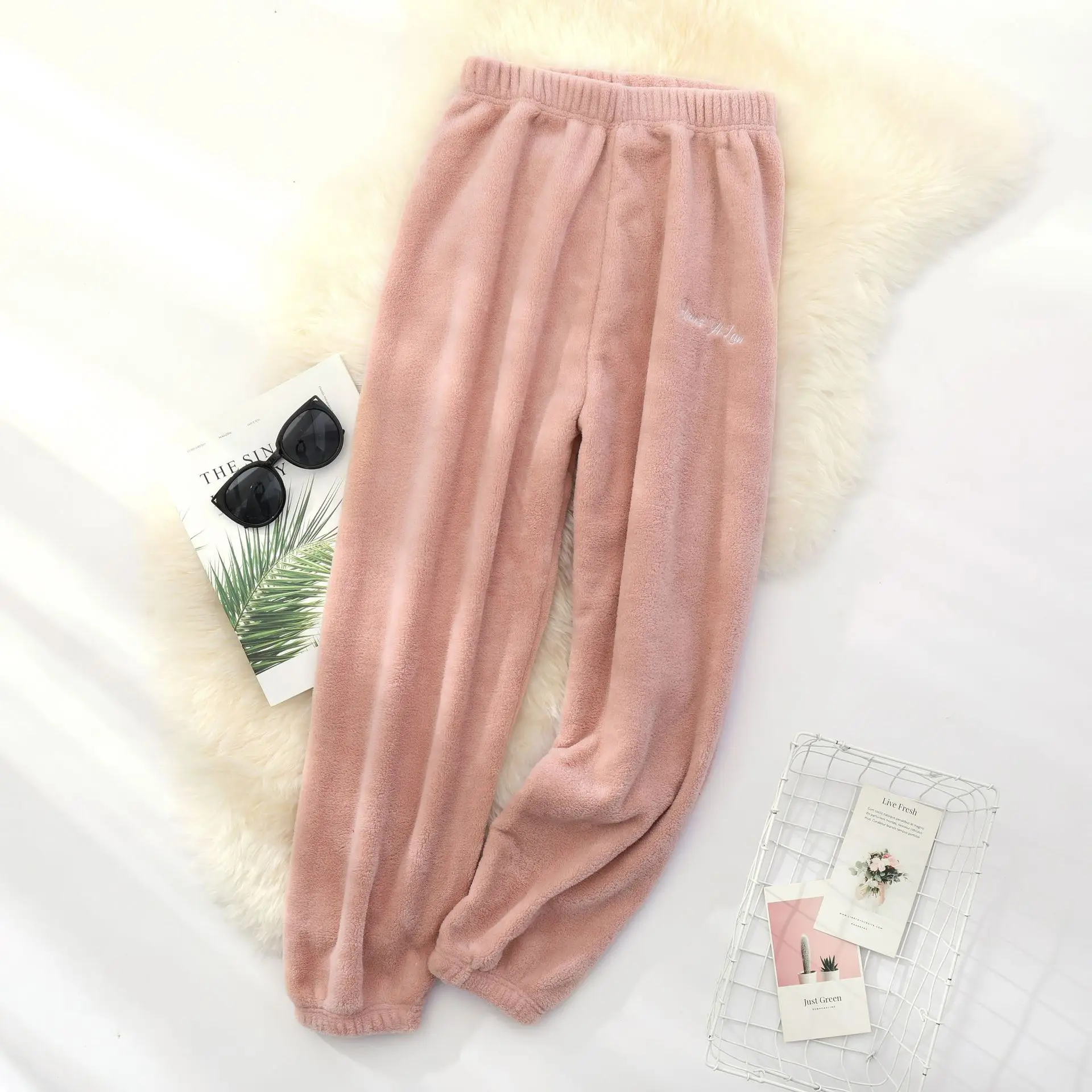 Зимняя домашняя одежда для пар, штаны для сна, фланелевые пижамы для отдыха, мужская и женская одежда для сна, брюки, одноцветные Фланелевые штаны для сна - Цвет: Розовый