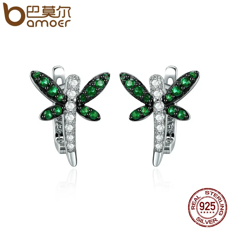 BAMOER Authentic 925 Sterling Silver Dragonfly Whispers Clear CZ Hoop Earrings for Women Sterling Silver Jewelry Brincos SCE186