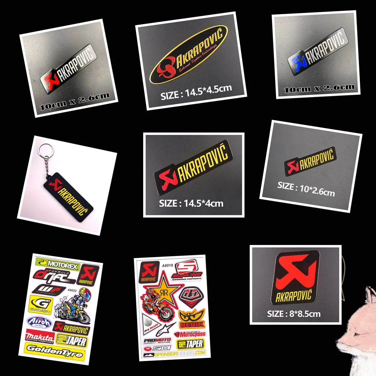 

4PCS/Lot 1 Aluminum 3D Heat-resistant Motorcycle Exhaust Pipe Sticker + 2Sheet A4 Film Decal + 1 Rubber Key Ring for Akrapovic