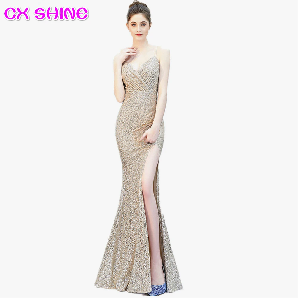 

CX Strap Bling Reflective Formal Evening dress Sequin Sexy mermaid trumpet long prom party dresses stock Vestidos robe de soiree