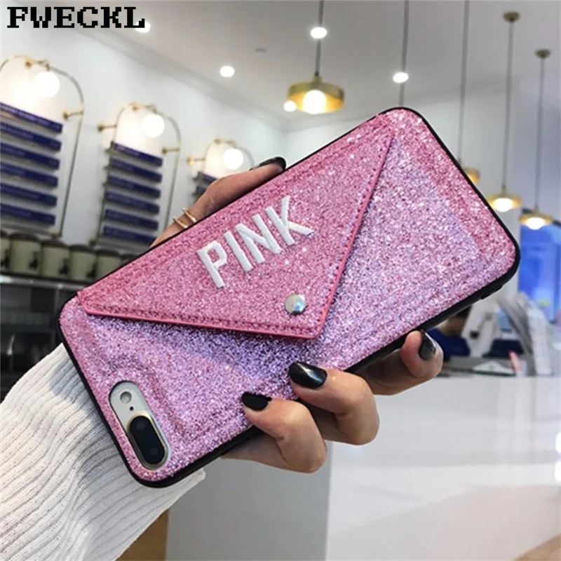 Luxury 3D Embroidery Glitter victoria secret bag phone case For iPhone 8 plus 6 6S 7 X S Cute candy Pink Phone Cover Secret Case